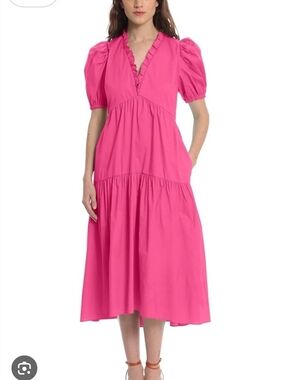 Donna Morgan Hot Pink Puff-Sleeve Tiered Midi Dress - Size 16
